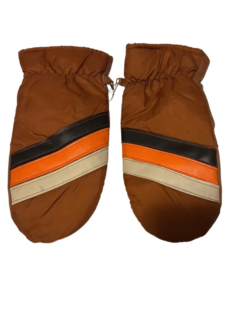 Unisex Adult Vintage 1970s Insulated Winter Mittens in Brown, Orange White